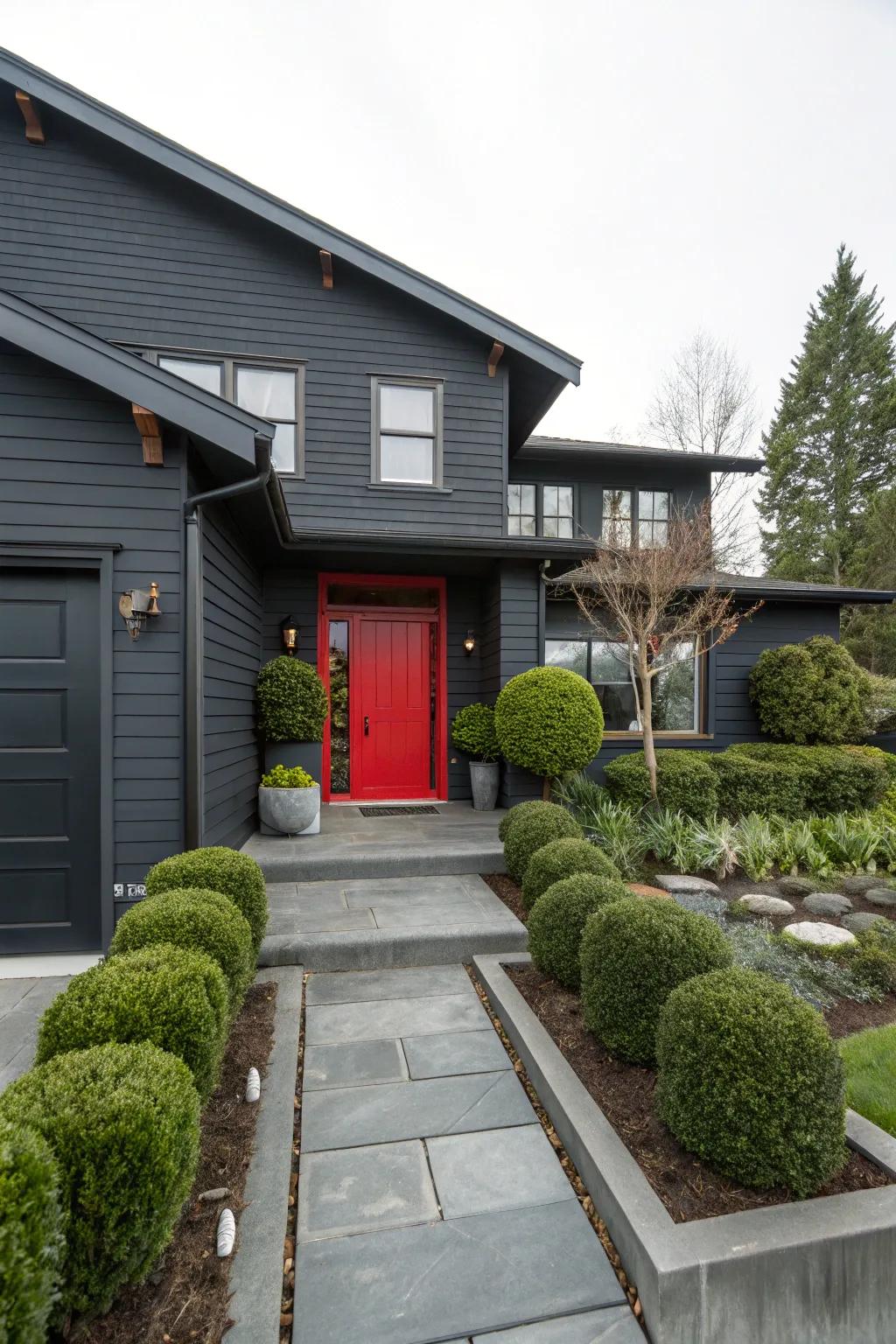 Deep grey coupled with scarlet highlights produces a striking and contemporary visual.