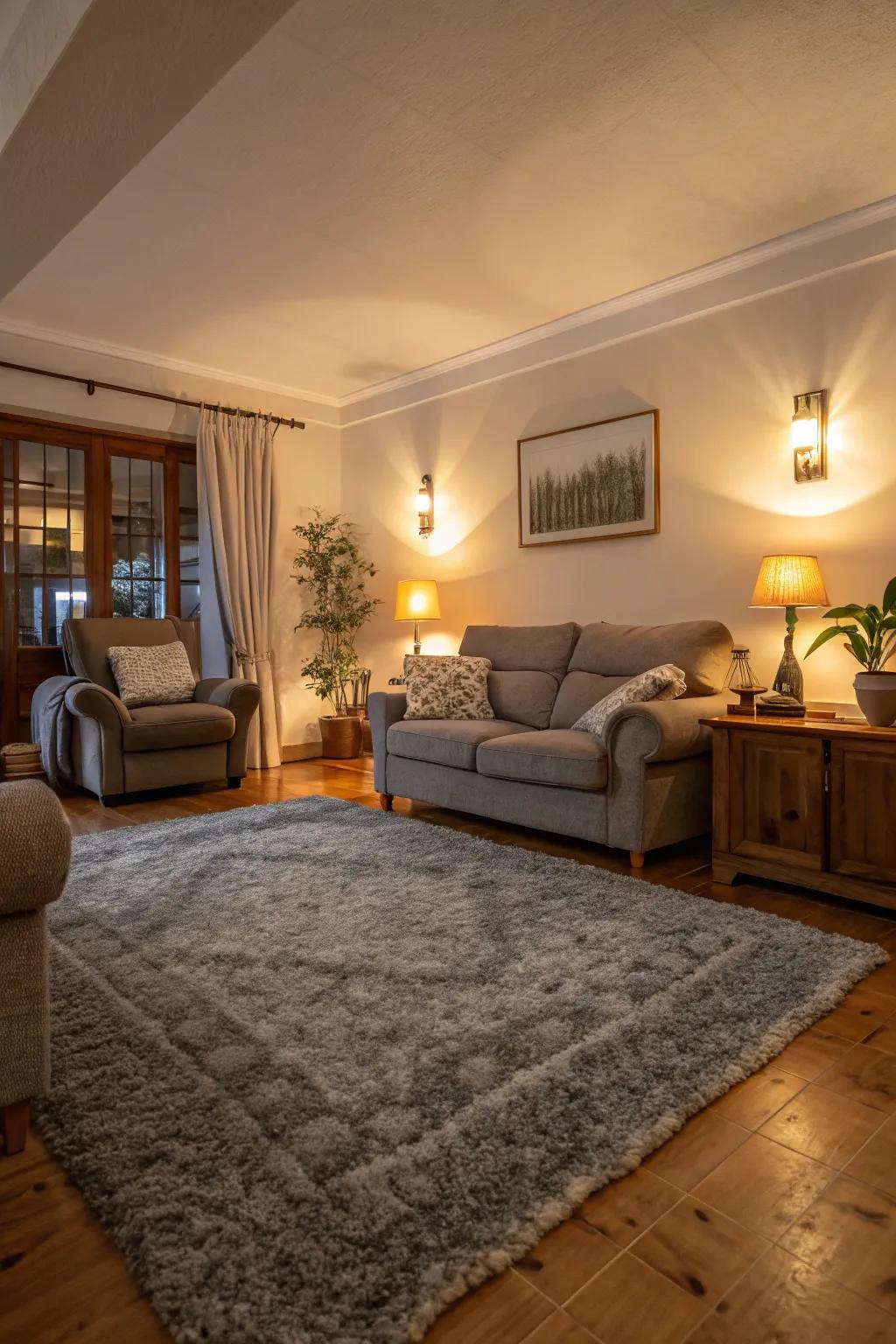 A grey rug incorporates warmth and consistency to this welcoming living space.