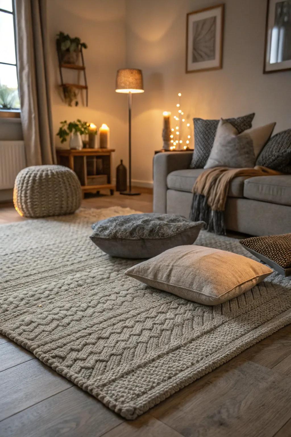 Textures highlight the sophistication of grey flooring.