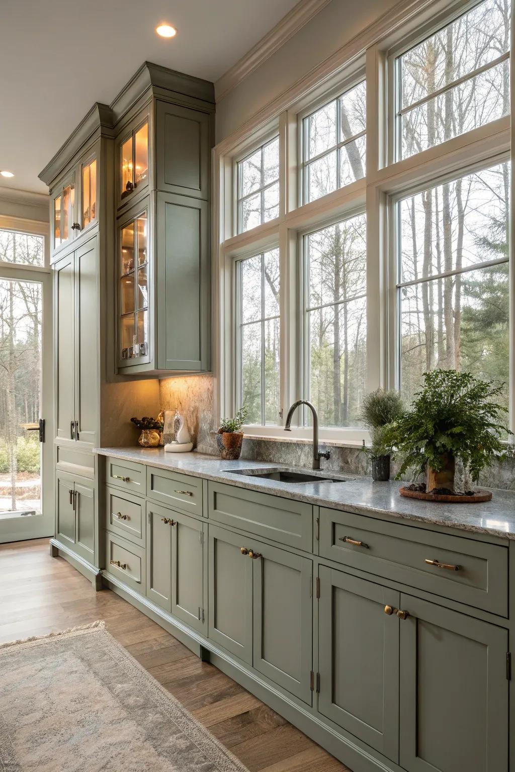 Sunlight enhances the natural beauty of grey-green cabinets in a luminous kitchen.