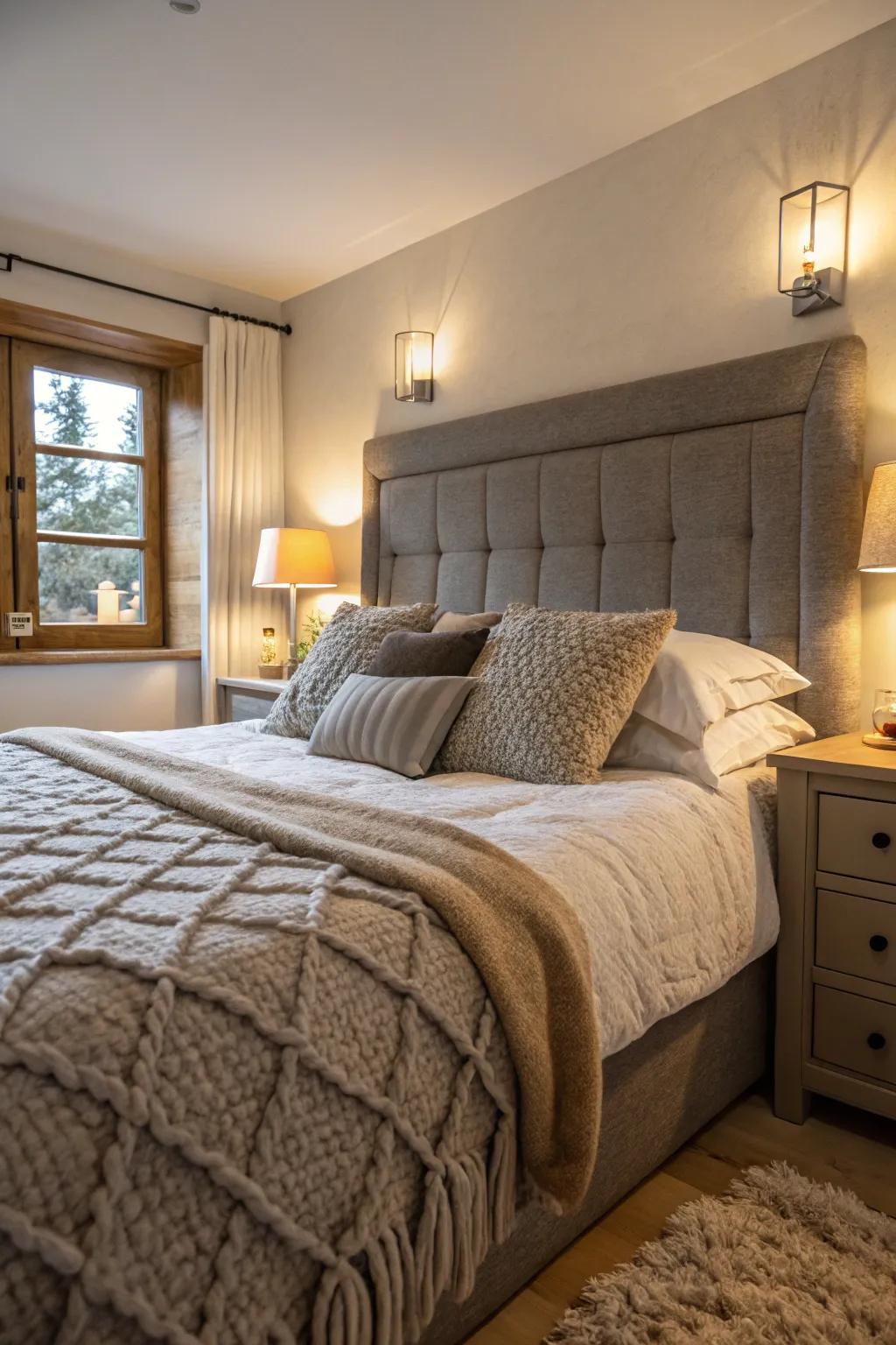 A snug bedroom with a grey headboard enhanced by its textured bedding.