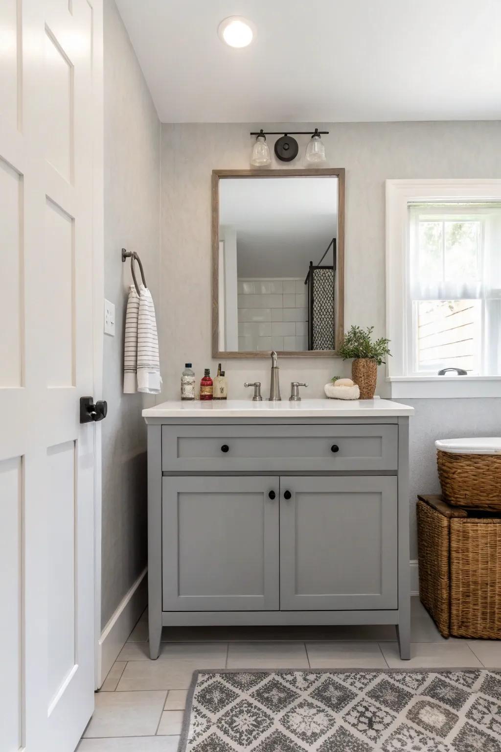 Contemporary simplicity radiates with an elegant grey vanity as its focal point.