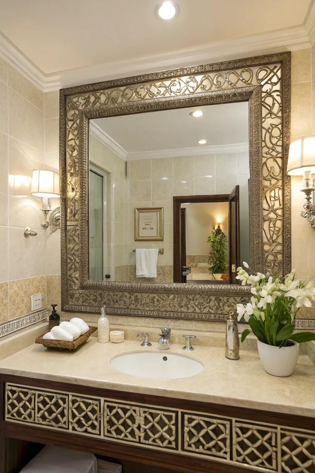 A guest bathroom spotlighting a large mirror with a unique frame as a focal point.
