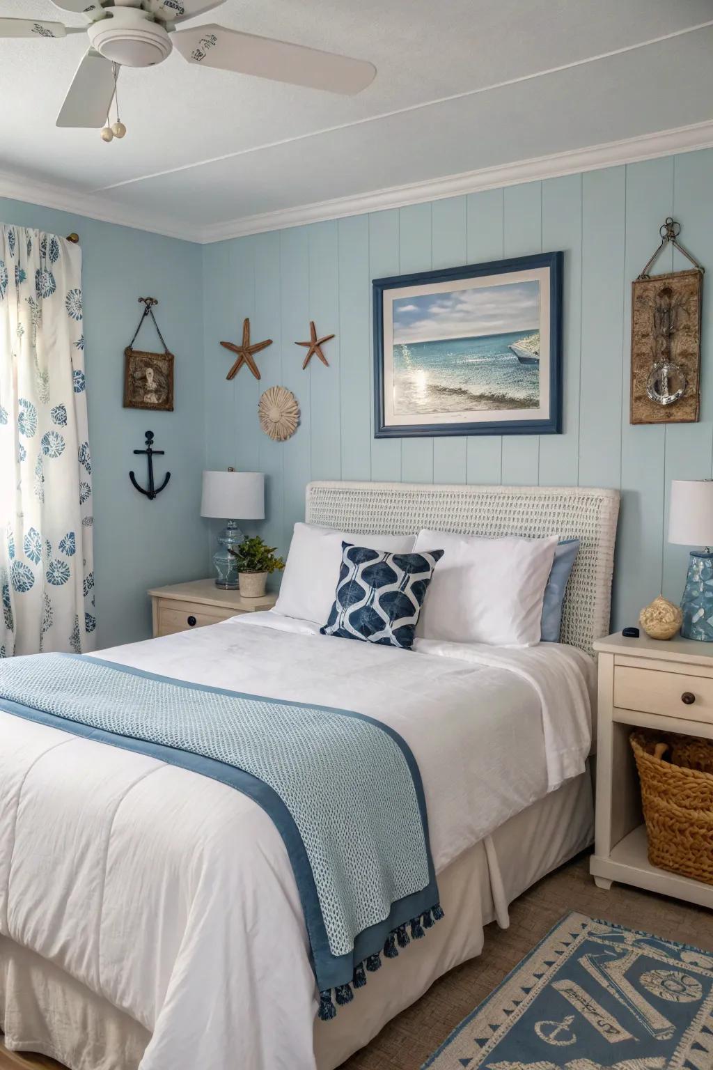 A soothing guest room with soft blue walls for a tranquil vibe.
