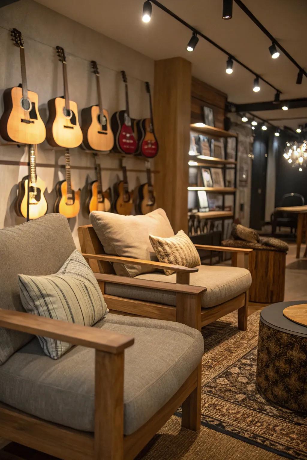 A cozy nook designed for relaxing and enjoying music.
