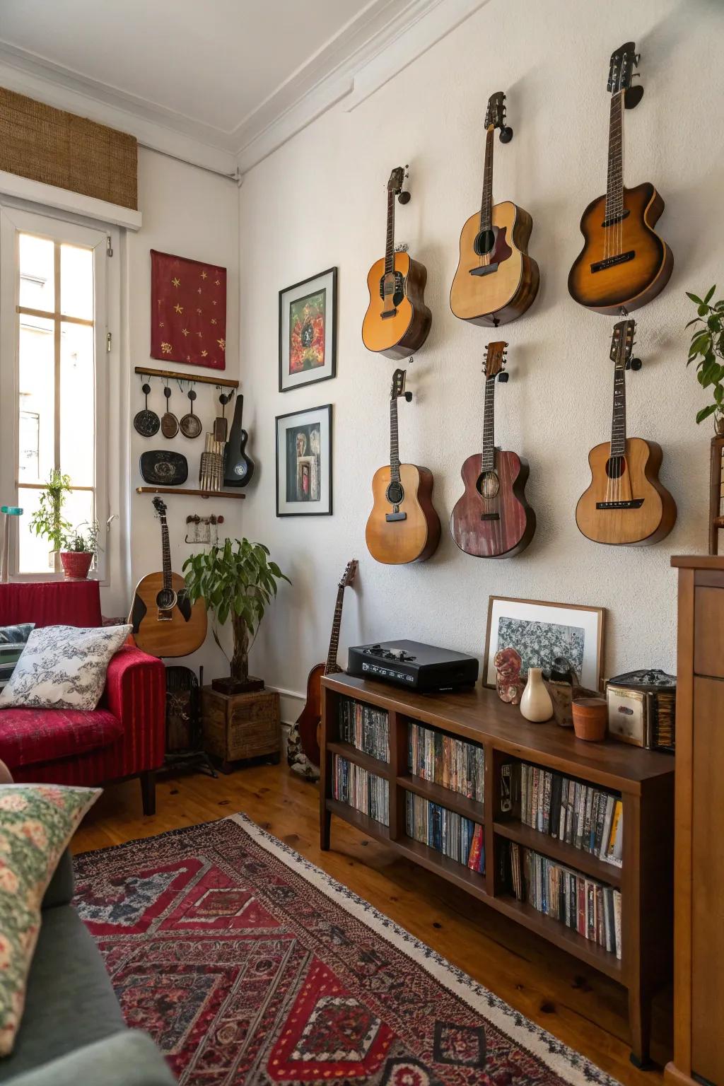 Staggered guitar display adding visual interest to the decor.