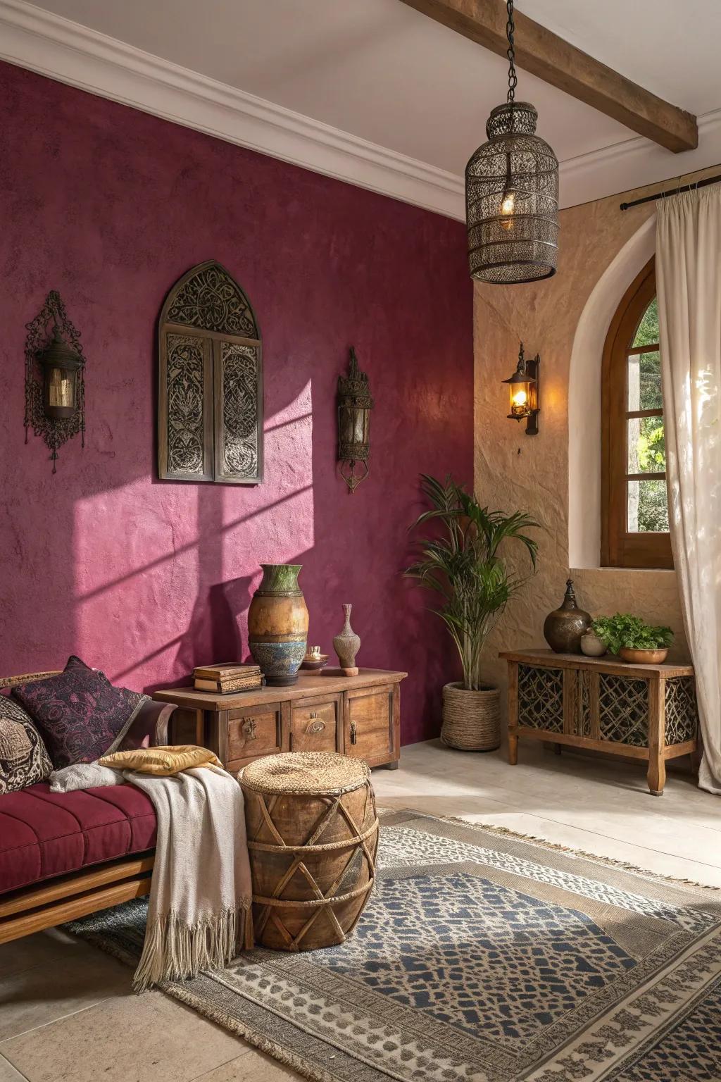 Deep jewel shades craft an inviting, warm ambiance.