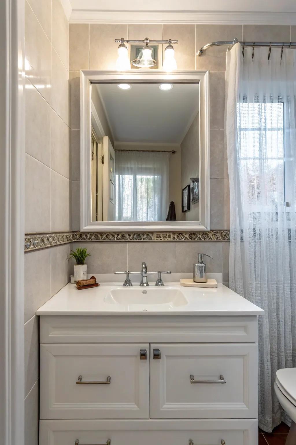 An expansive mirror can make your half bath appear more spacious.