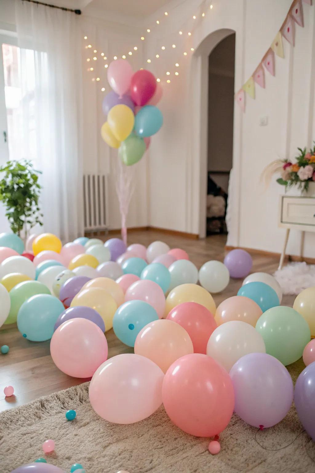 A space filled with bright partially-filled balloons, contributing a playful vibe.