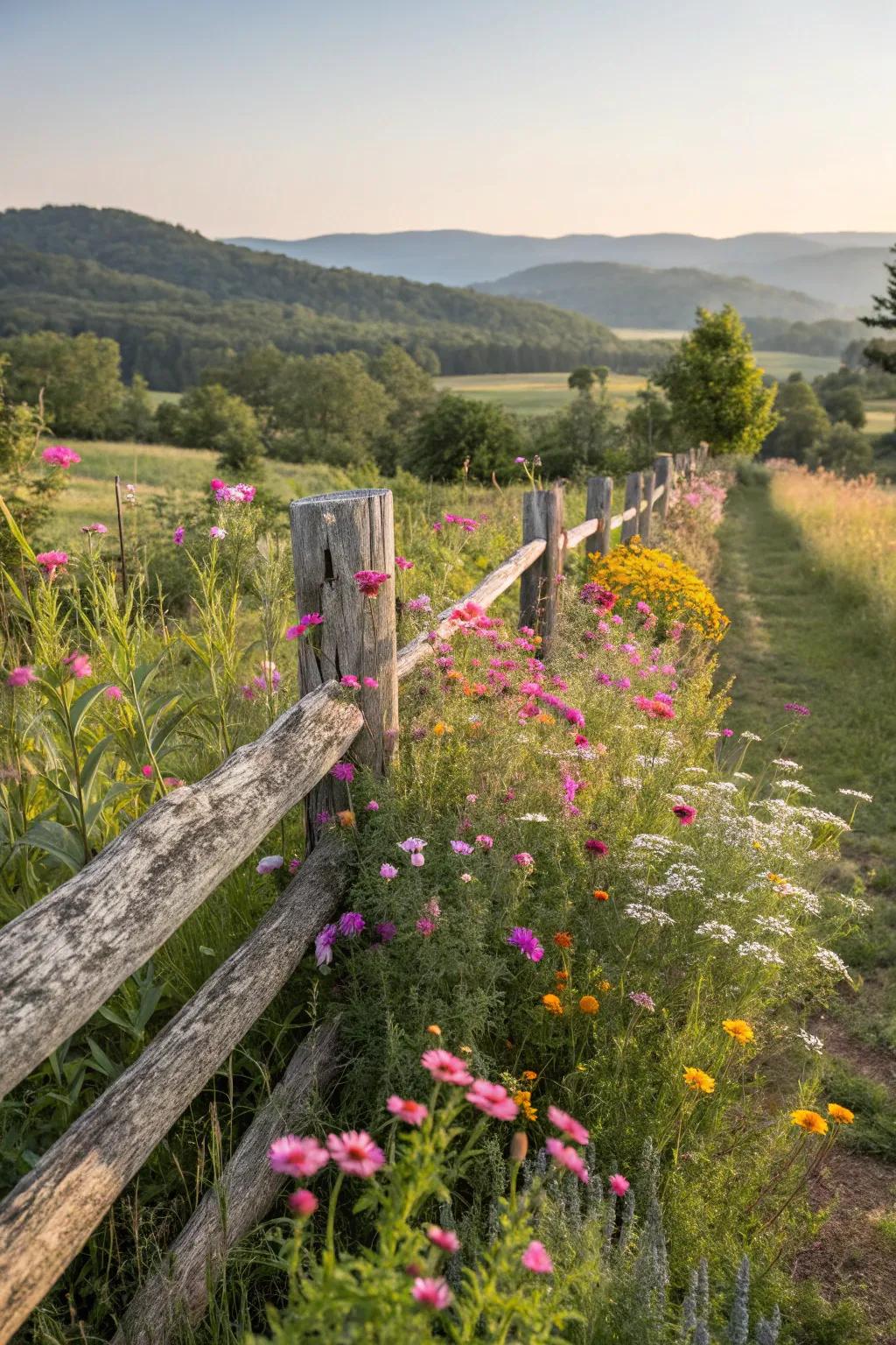 Earthy allure: A split timber fence in league with wildflowers.