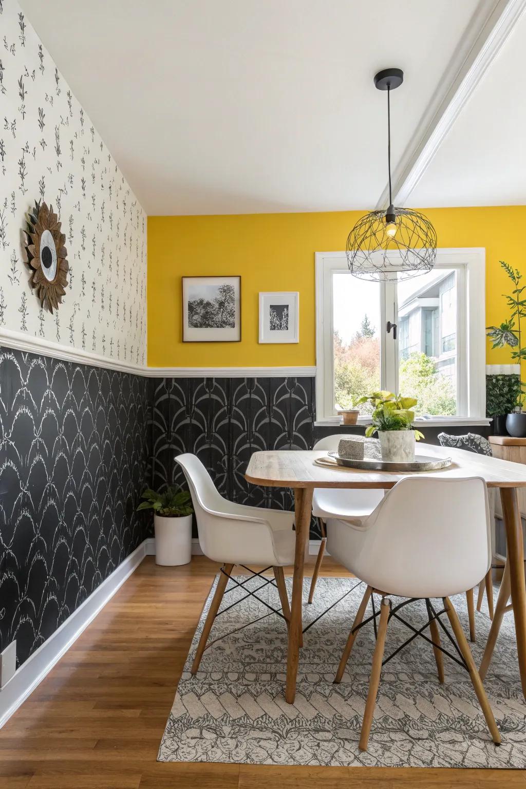 A bold dining room with black wallpaper and yellow paint, offering a vibrant and dynamic look.