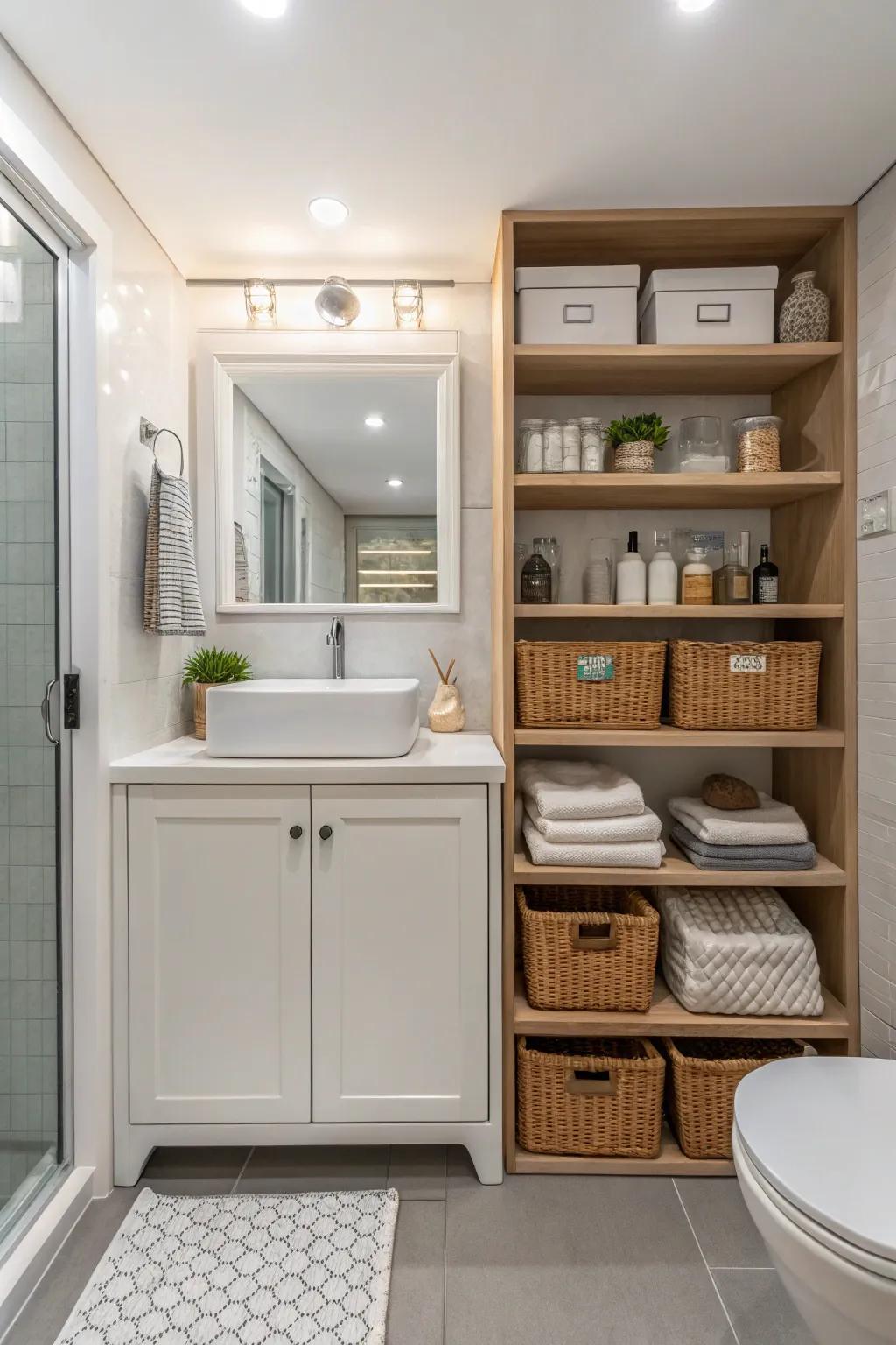 Smart storage solutions in a hall bathroom help maximize space and keep it organized.