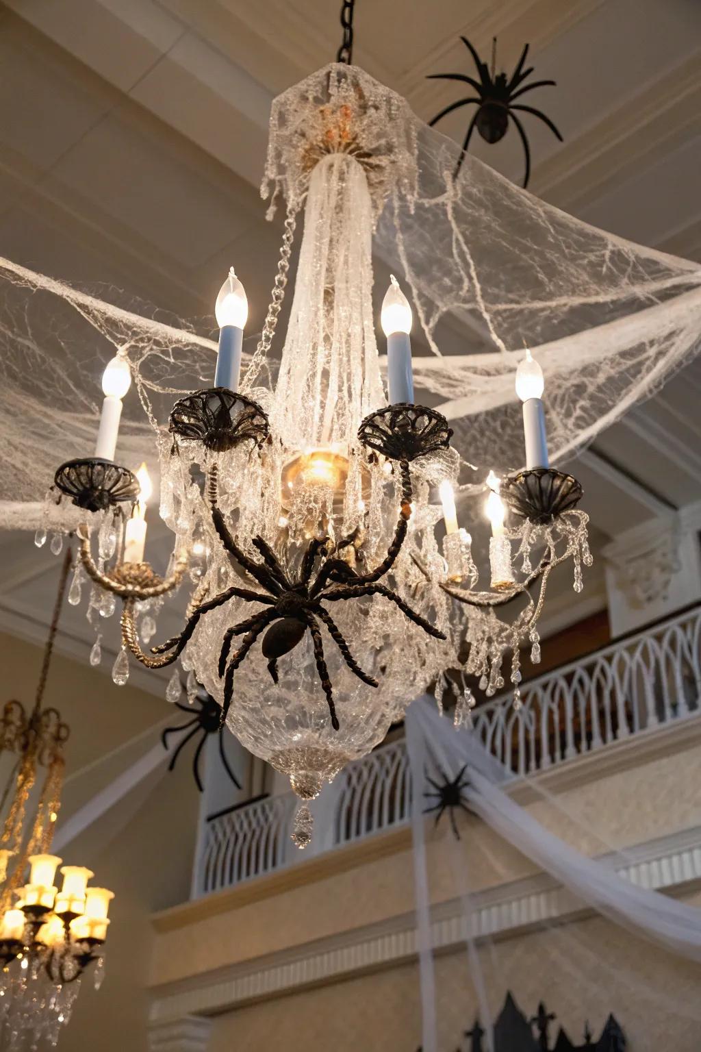 Spider webs impart an eerie ambiance to any chandelier.