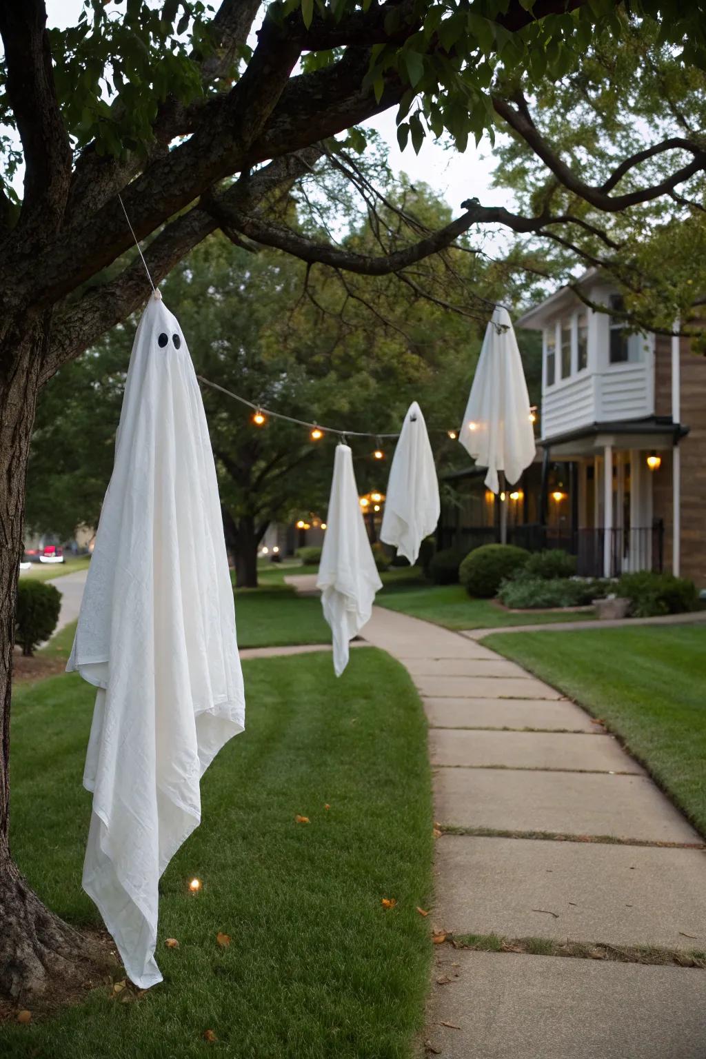 Spectral figures adrift in the breeze evoke a thrilling chill.
