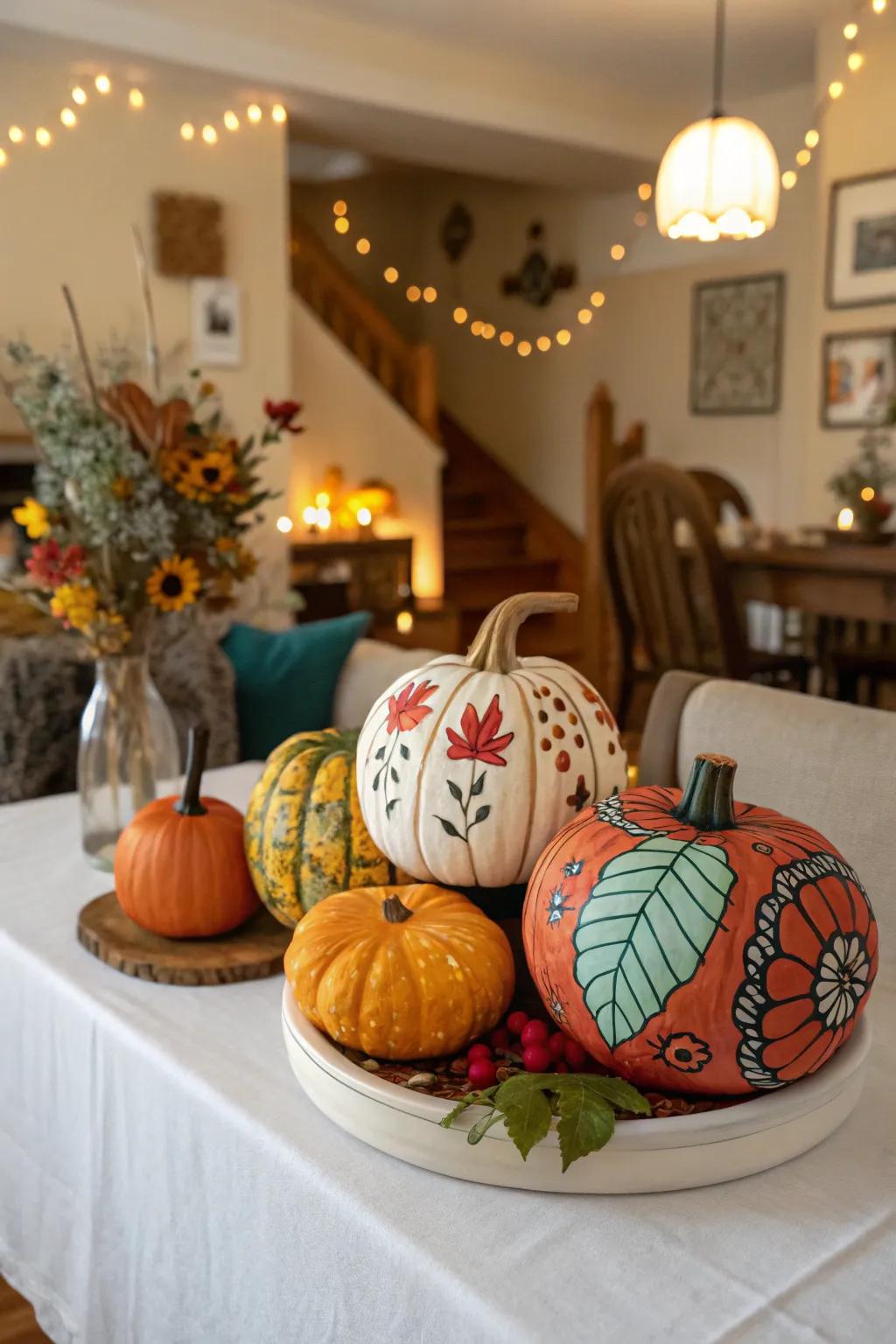 A variety of carved and painted pumpkins create a charming centerpiece
