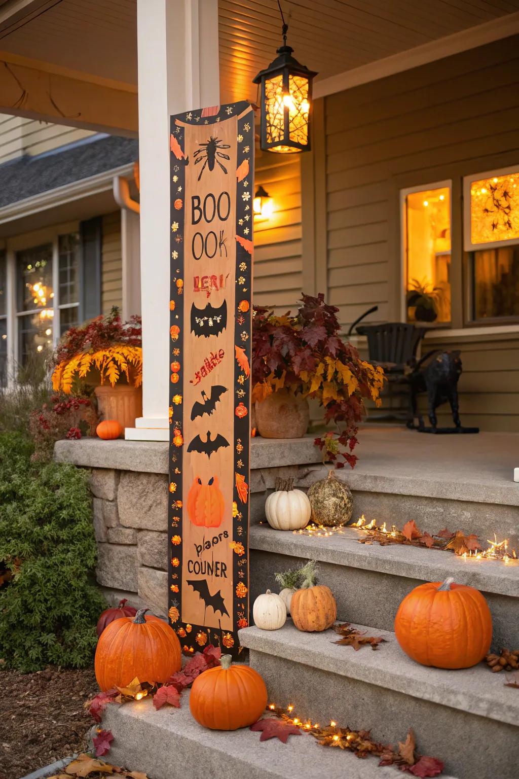 A remarkable upright marker extending an invite to a Halloween-adorned entry.