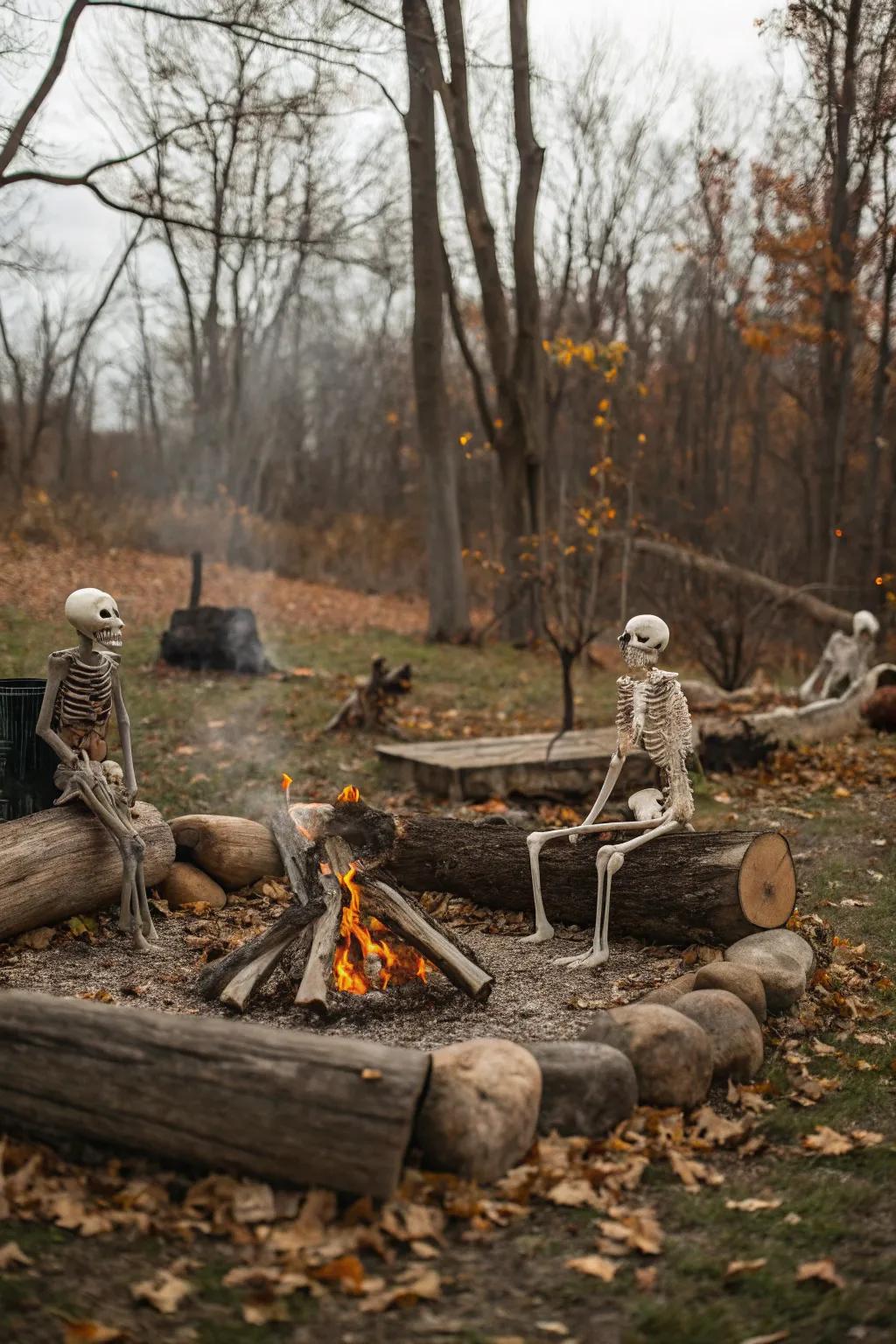 A cozy campfire scene with skeletons lends a charming touch to your Halloween decorations.