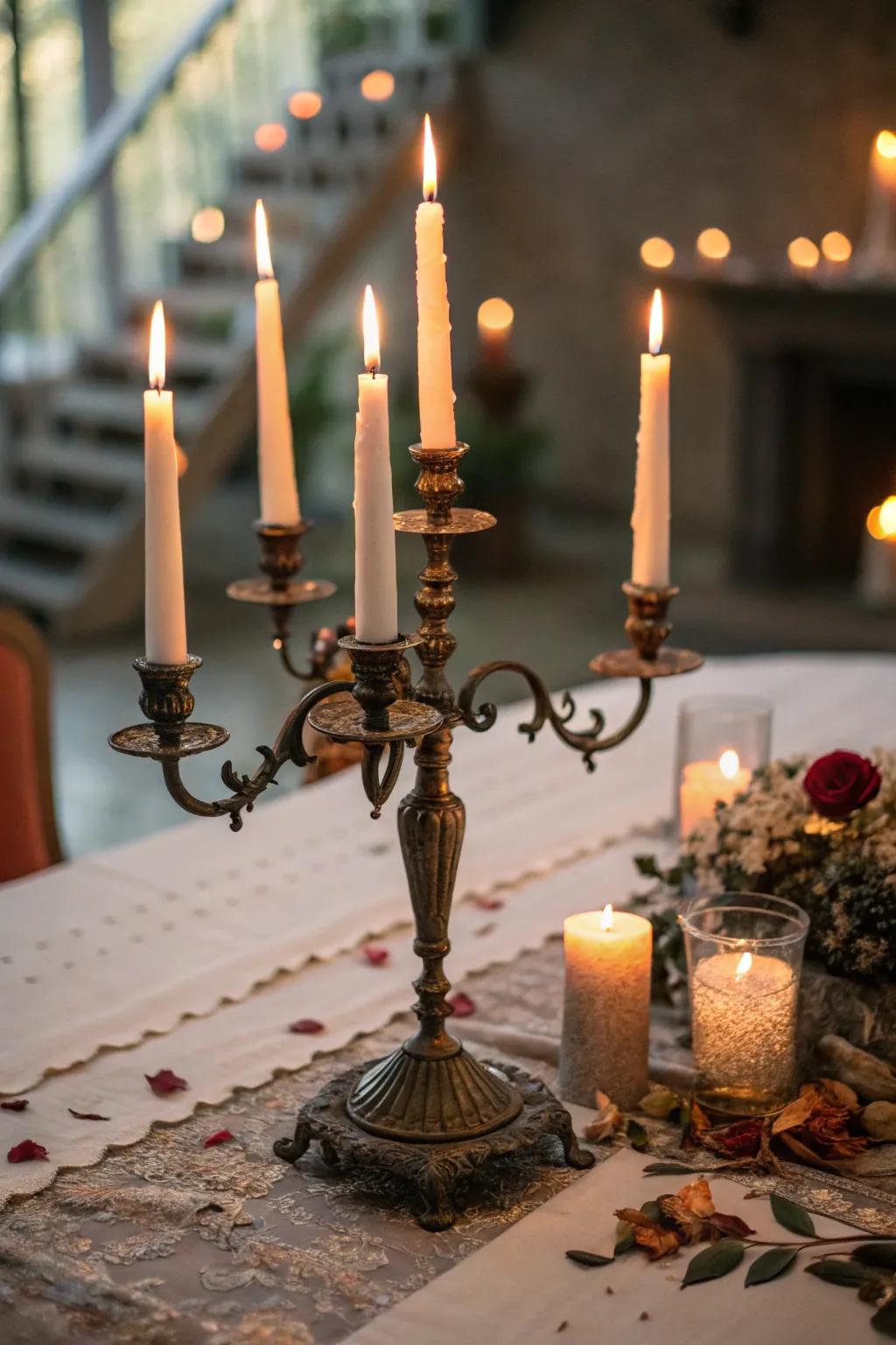 Evoke an atmosphere of haunting beauty with candelabras bathed in candlelight.