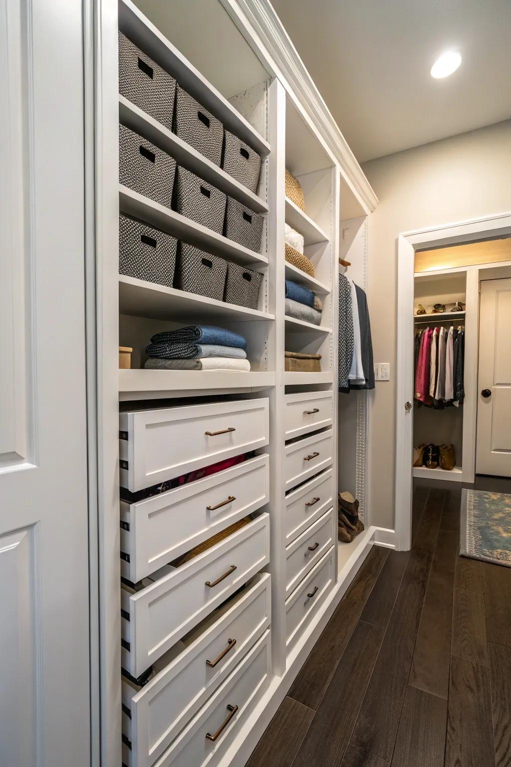 Sliding drawers in a hallway closet providing simple entry to stowed possessions.