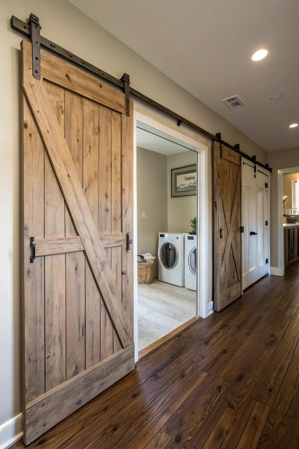 Country style rolling panel doors give a sense of charm and usefulness.