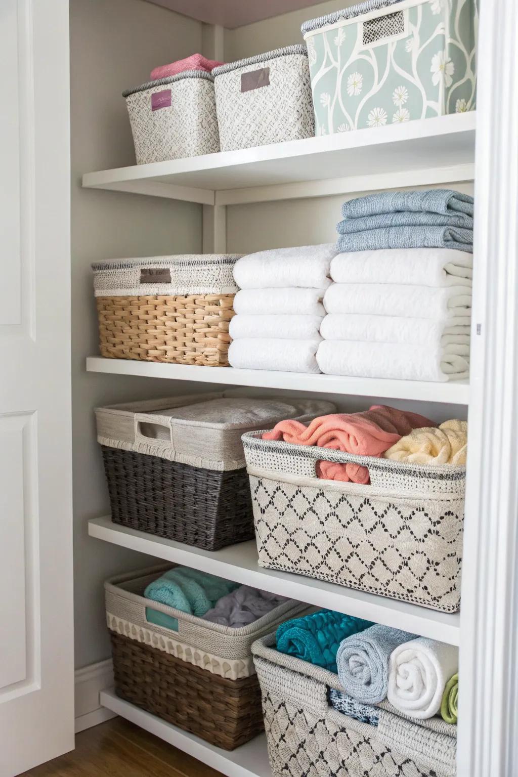 Baskets bring a touch of charm and excellent organization to your linen closet.