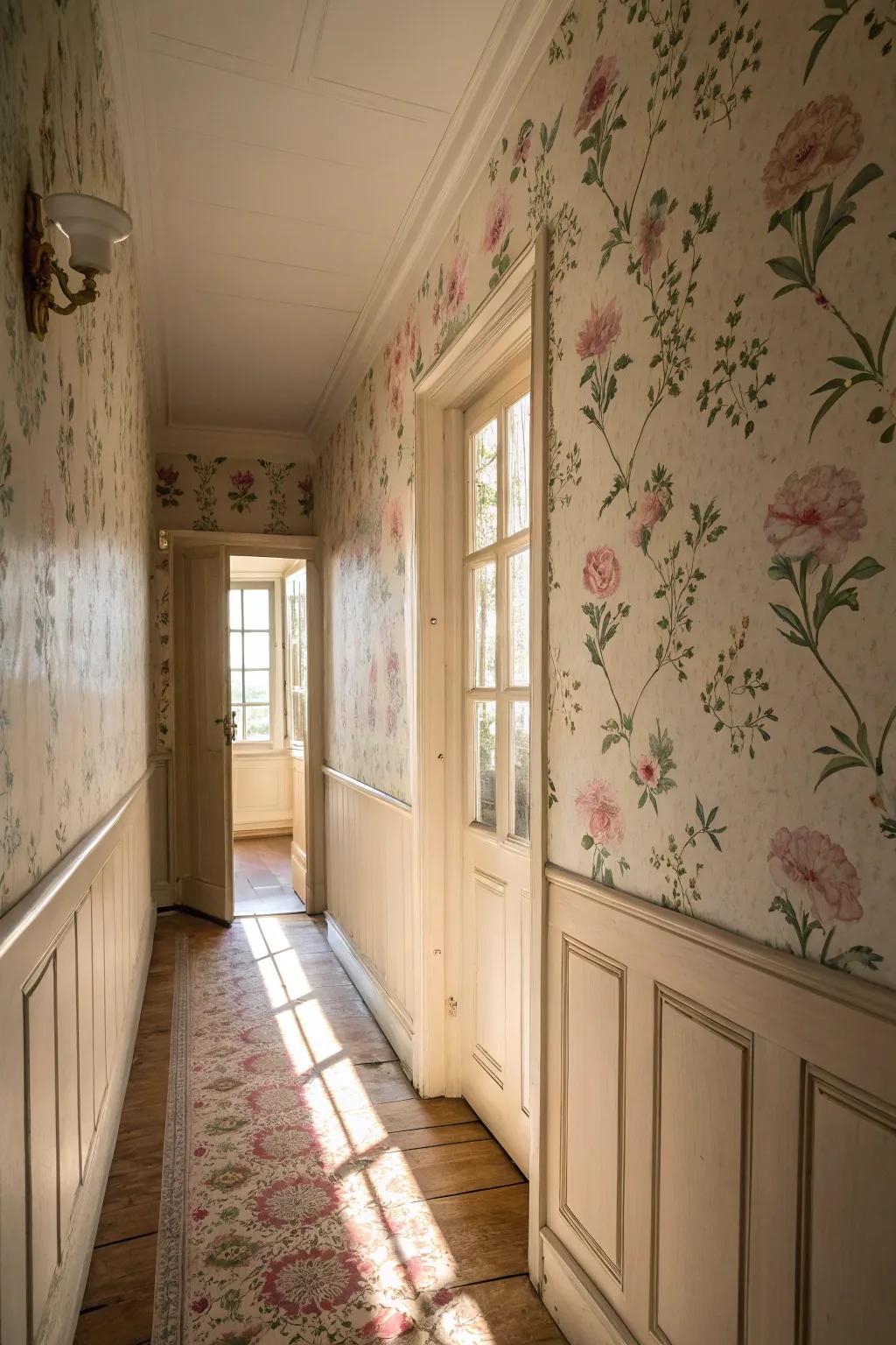 A corridor embellished with sophisticated bloom paper.