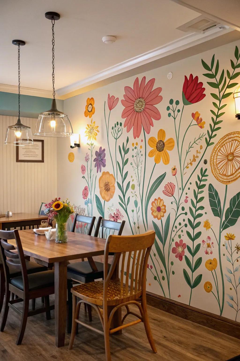 A floral mural infuses color and vitality into a dining space.