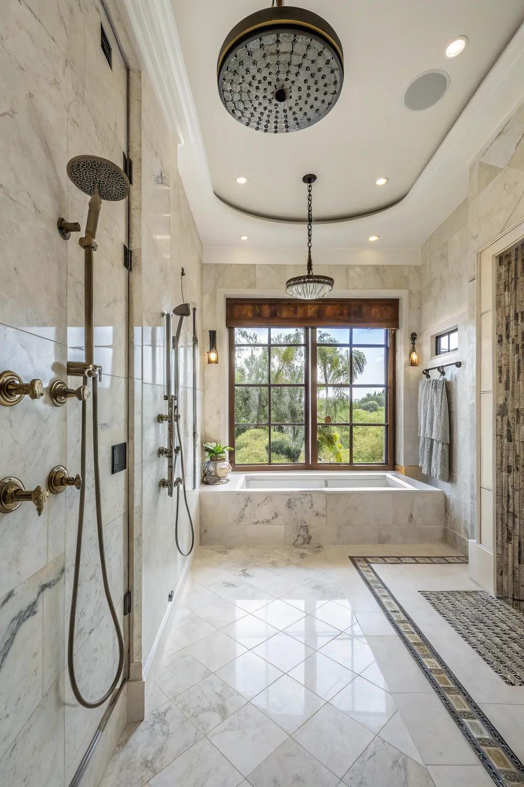 Unite a flexible shower head with an overhead rain shower for a deluxe ambiance.