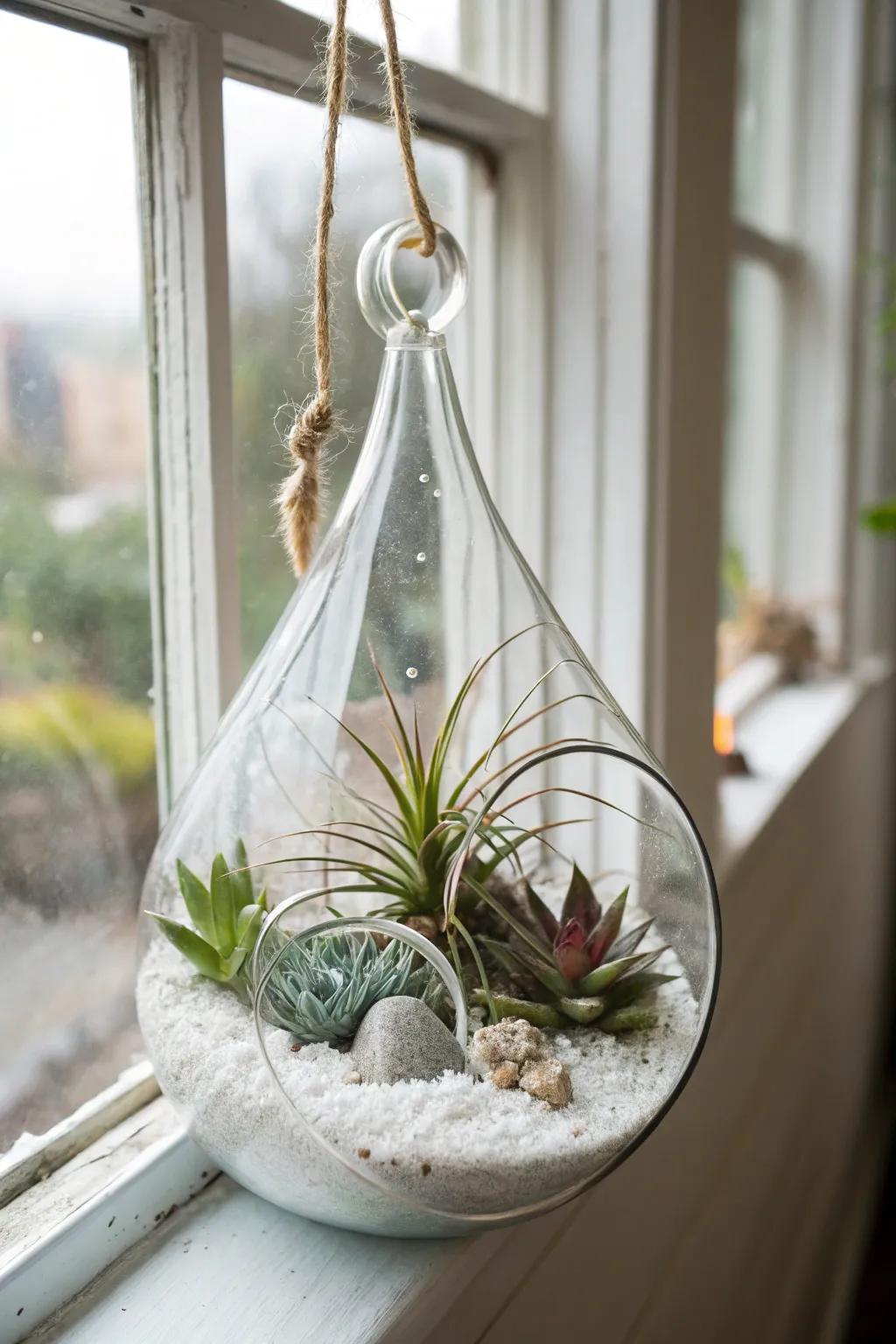 Rainfall planter with air ferns, ideal for an elegant touch.