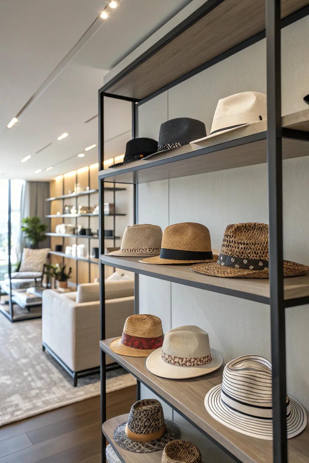 Hats on display on a trendy shelf.