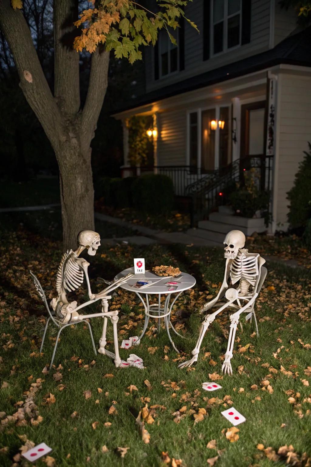 Morph your lawn into a spooky spectacle featuring innovatively posed skeletons.