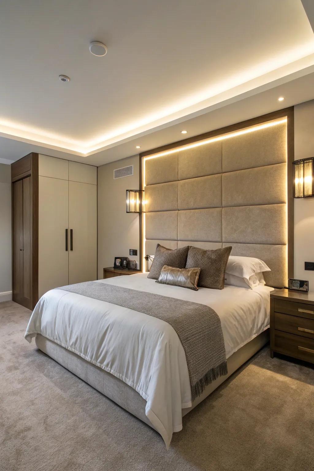 Built-in headboard lights deliver a unified and contemporary aesthetic.