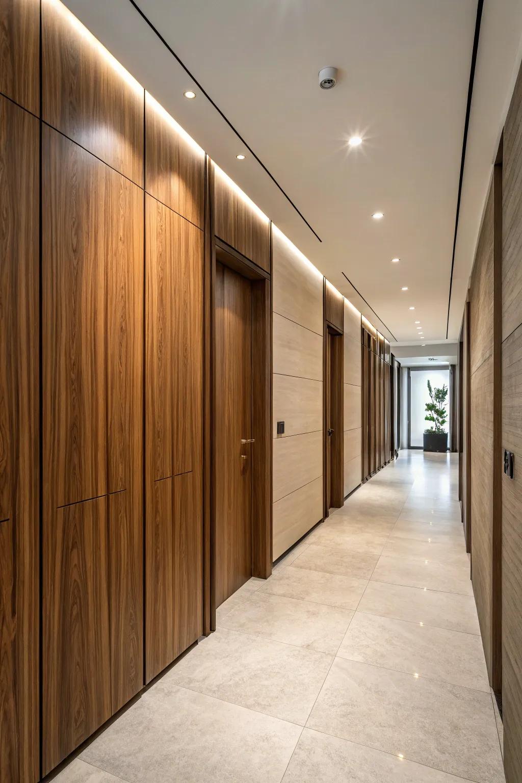 A sleek corridor featuring a hidden door seamlessly built into wooden wall panels.
