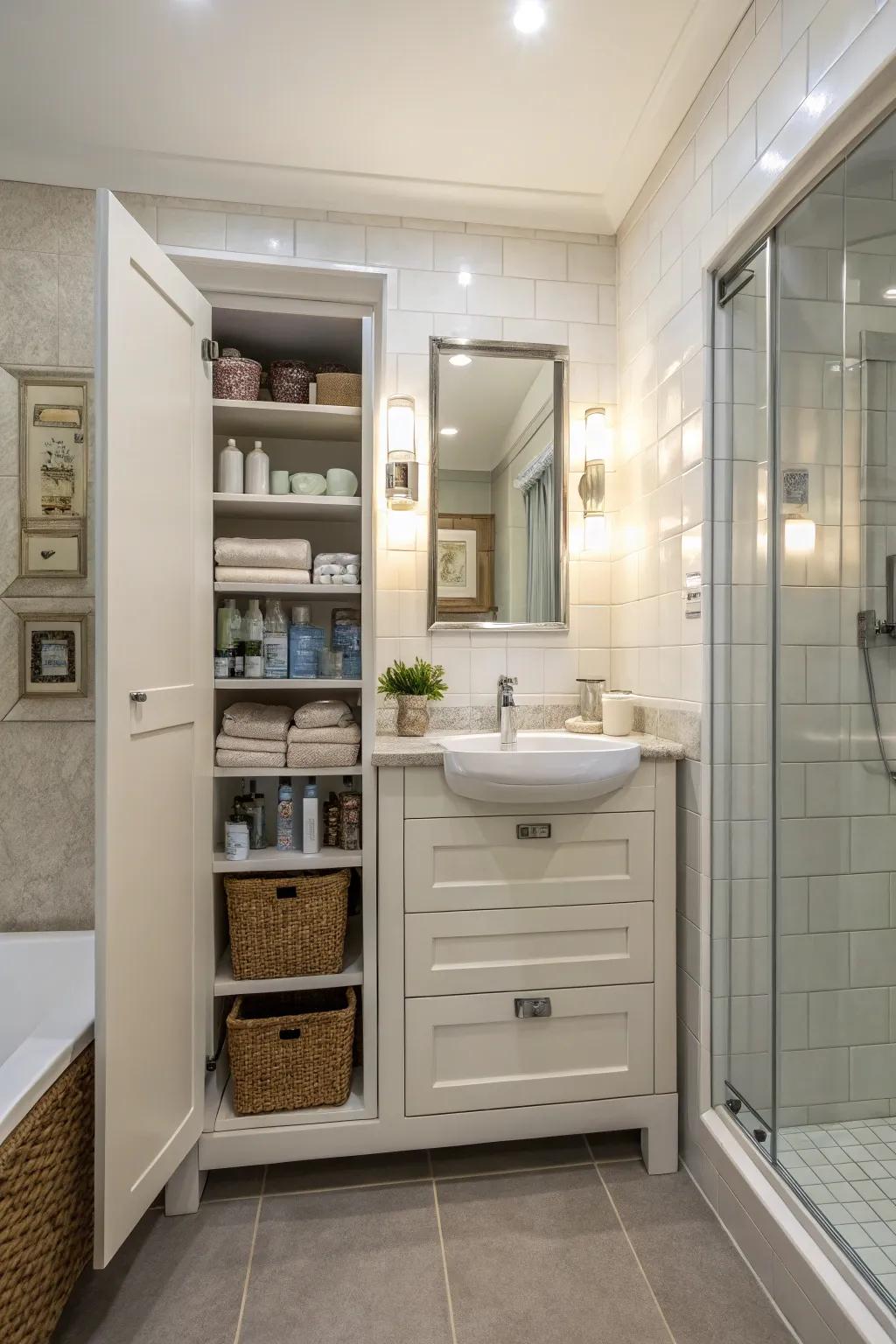 An in-wall cabinet offering sleek storage in a contemporary bathroom.