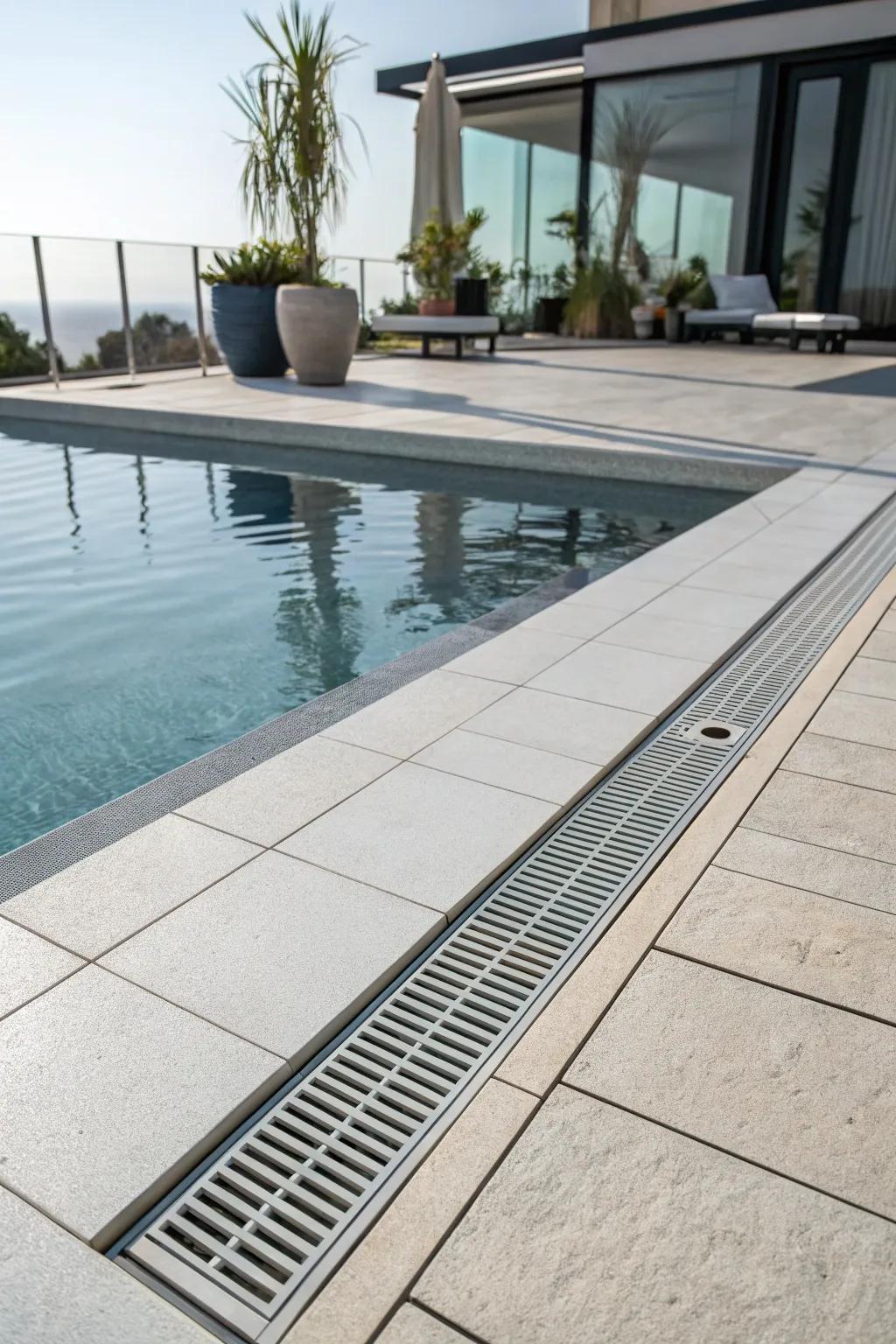 An elegant linear drain enhances the pool's minimalist design.