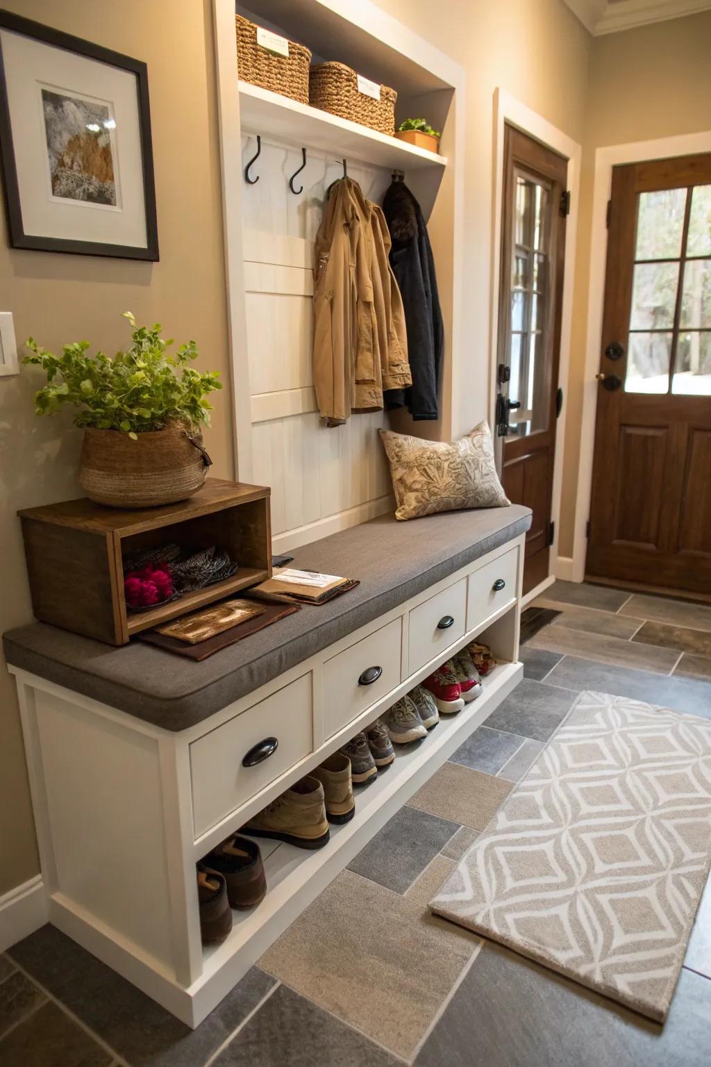 Under-the-bench storage combines functionality with style.