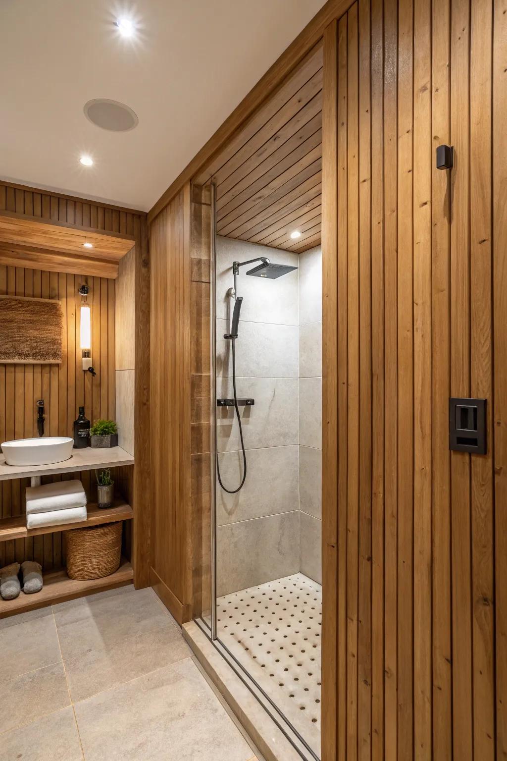 Genuine wood paneling offers a snug and unified bathing experience.