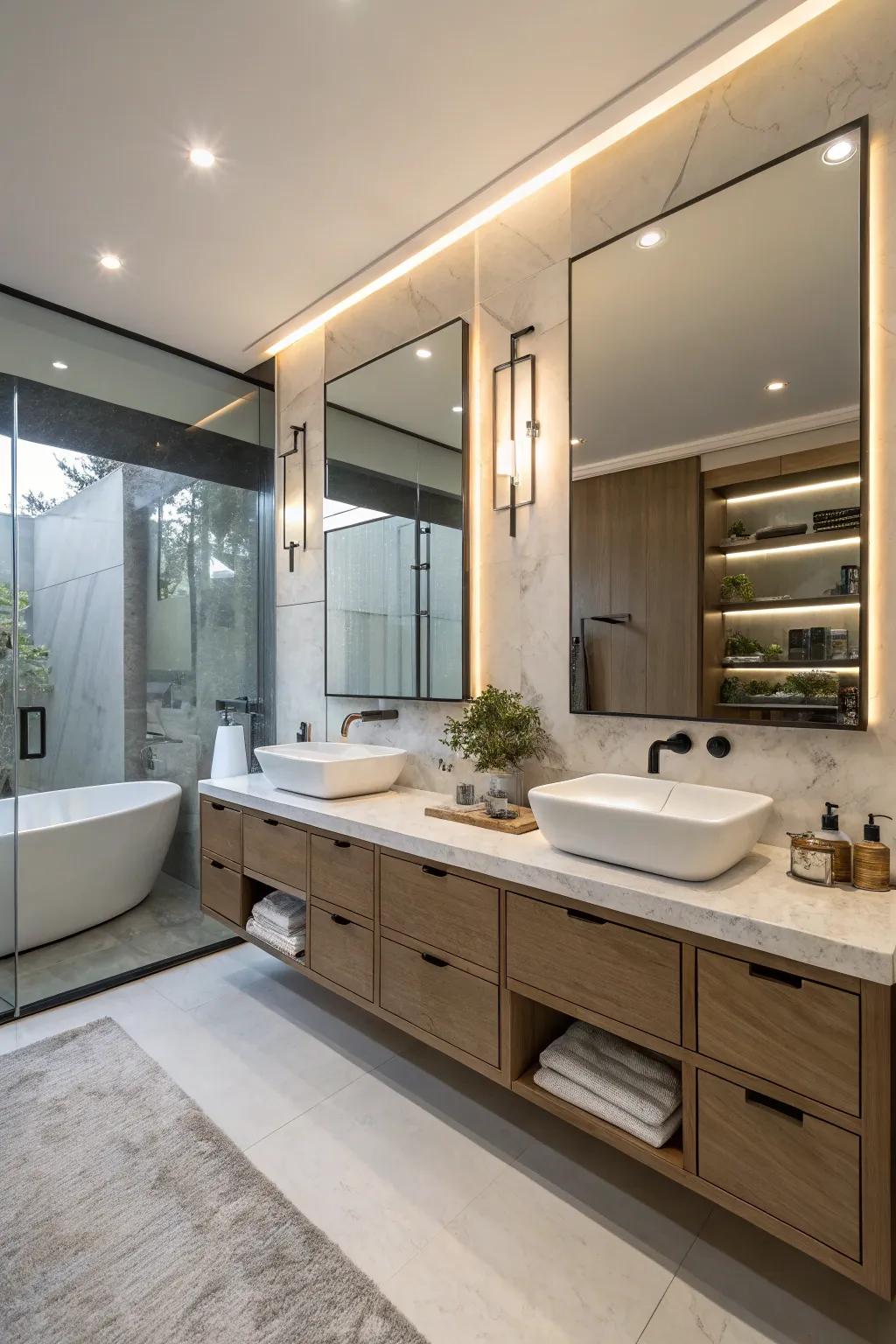 A modern bathroom showcasing elegant elevated platforms.