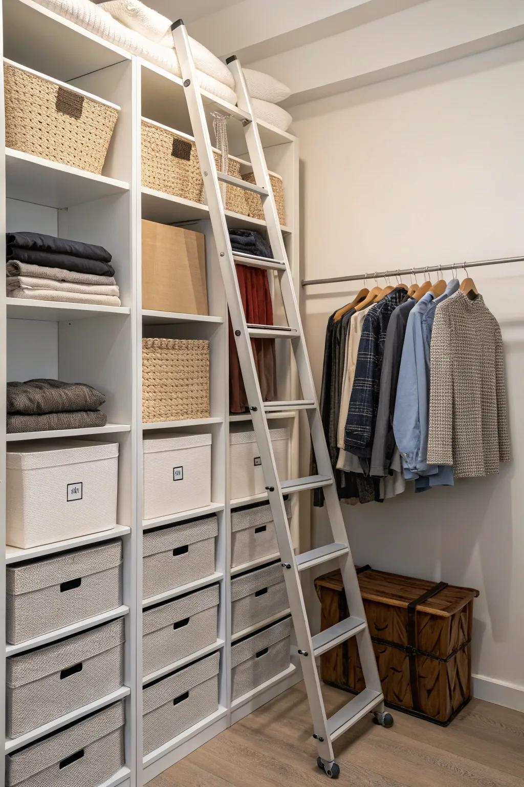 Utilize every inch with vertically stacked shelves and a handy ladder.