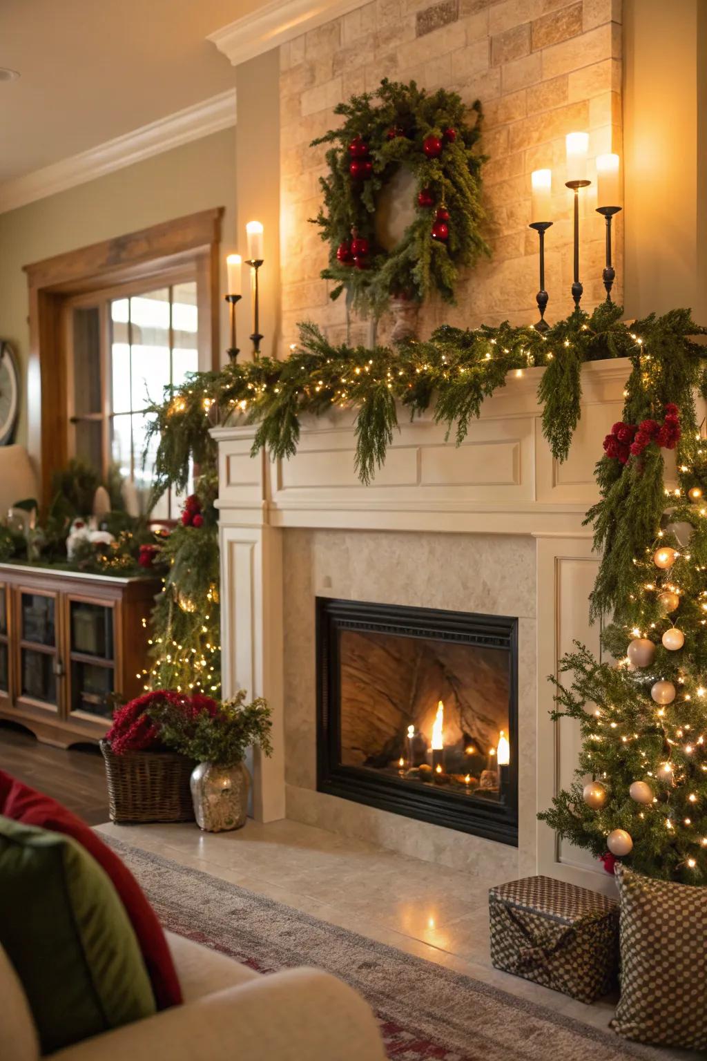 A celebratory mantelpiece ornamented with verdant strands and sparkling lights.