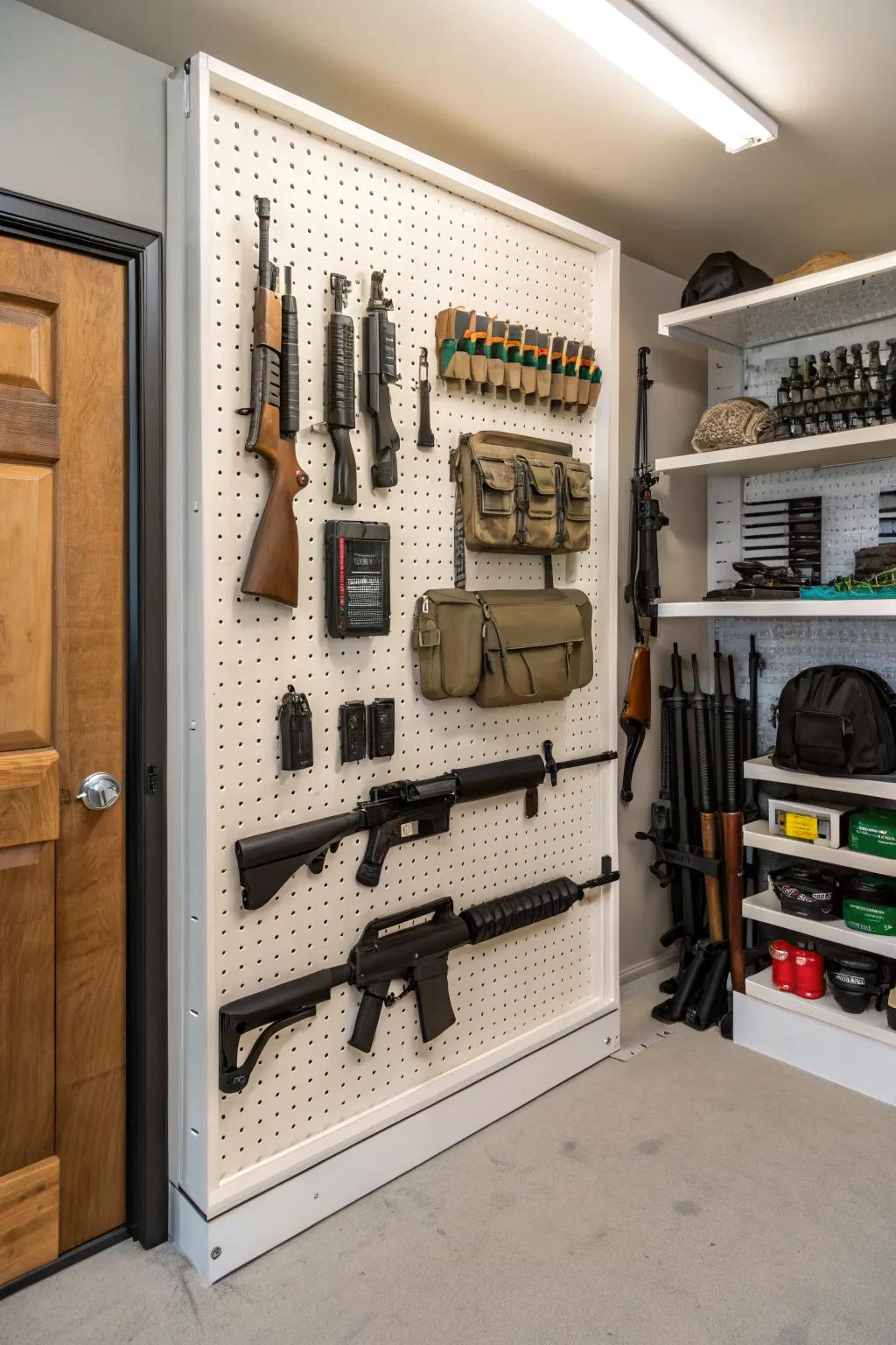 The pegboard epitomizes storage versatility for your armory needs.