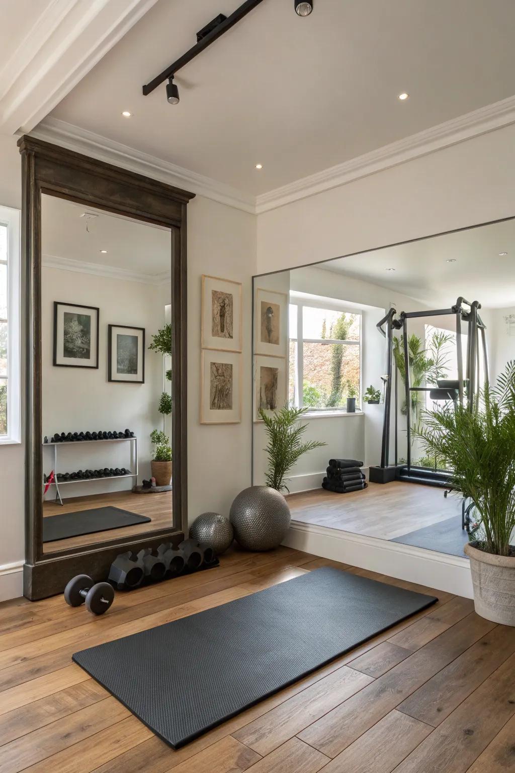 A decorative framed mirror adds character to this home gym.