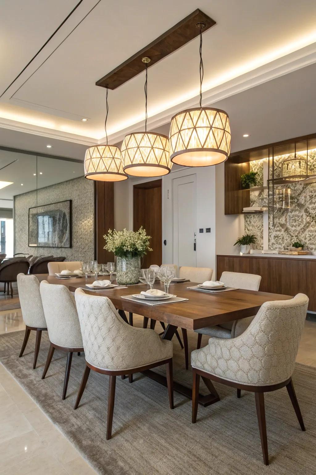 Contemporary pendant lighting not only refines the style but also enriches the atmosphere of your dining area.