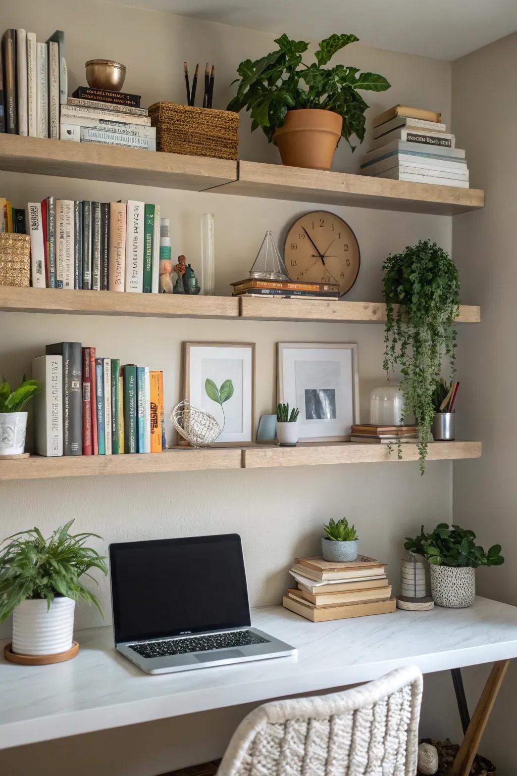 Wall-mounted ledges offer useful storage and a personal element.