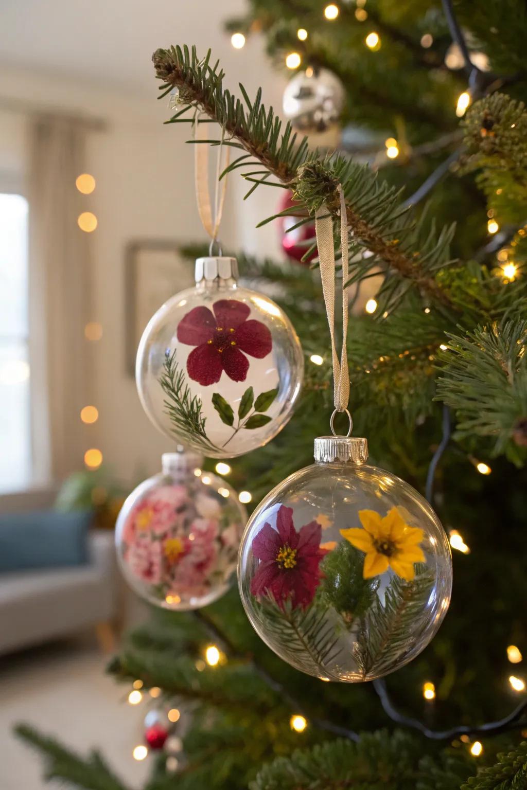 Delicate encased bloom adornments delivering a dash of springtime into the festive arrangement.