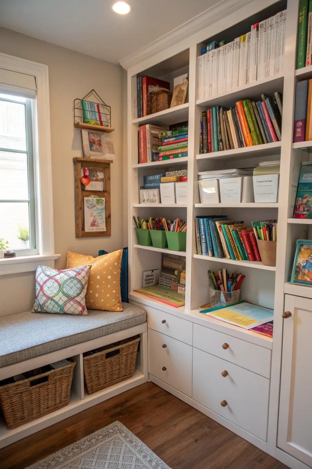 Open shelving maximizes storage without making your homeschool room feel cramped.