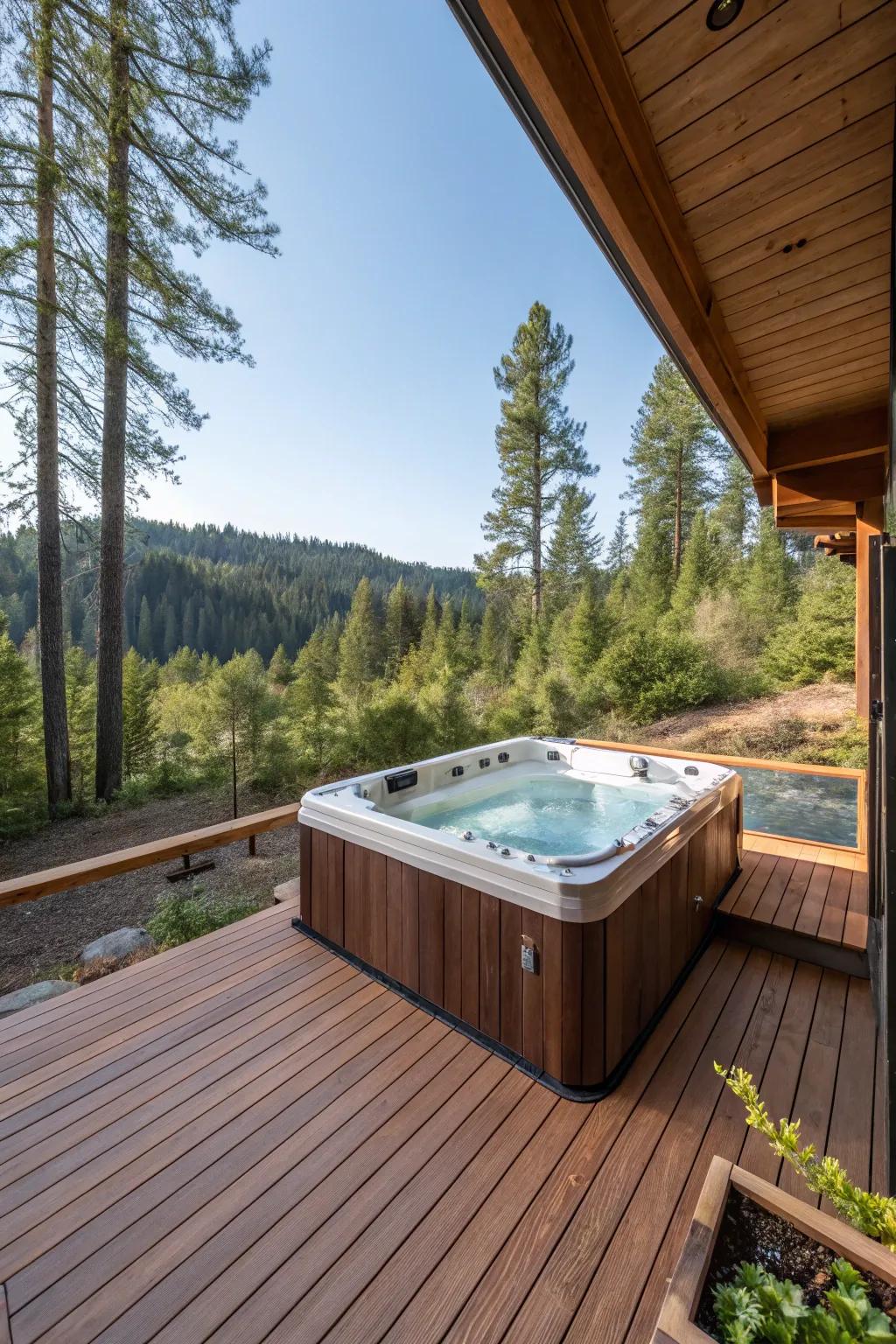A cedar deck elegantly elevates this backyard hot tub.