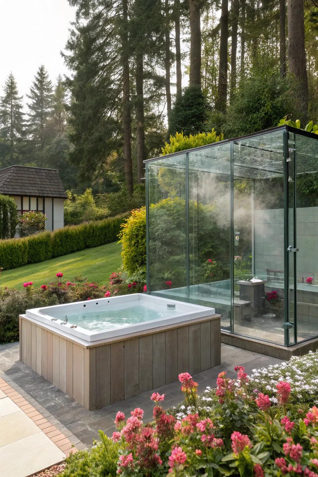 Sleek glass walls provide a modern touch while keeping you connected to nature.