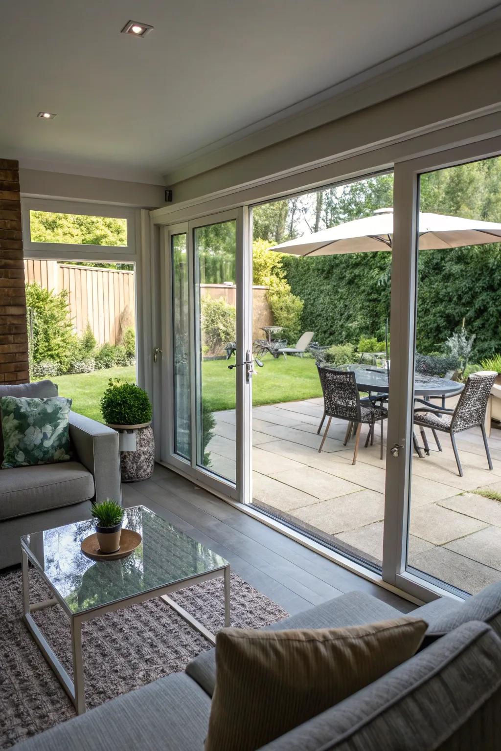 A seamless fusion of indoor and outdoor living spaces, highlighted by broad glass panel doors.