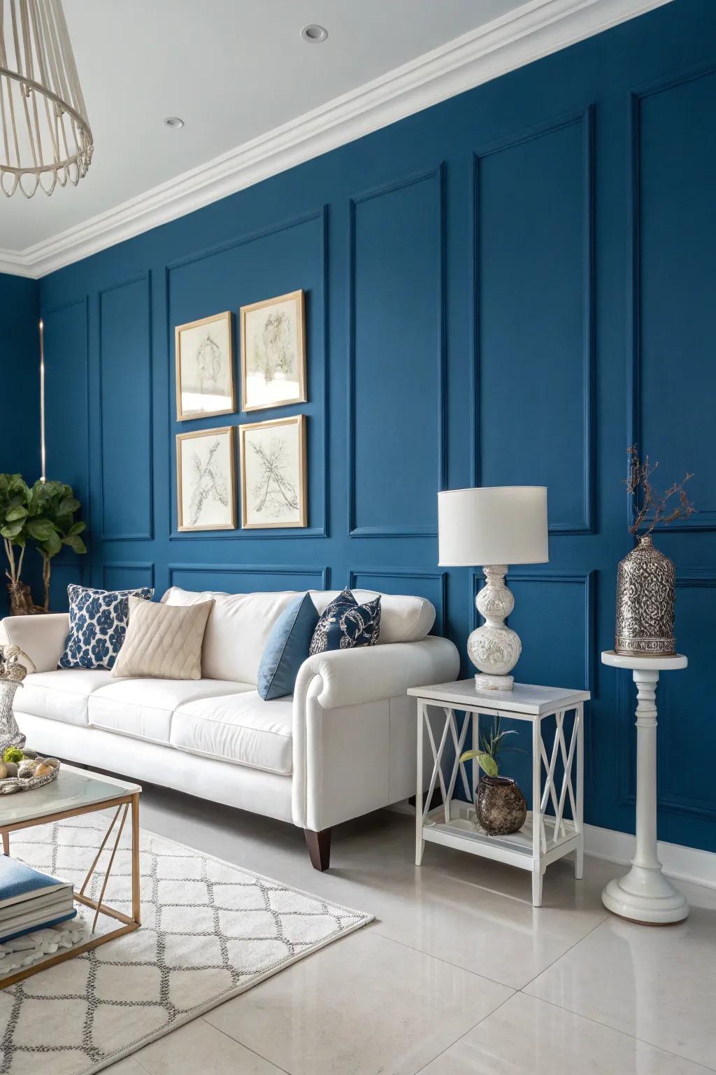 Sapphire hued walls introduce an eye-catching focal point